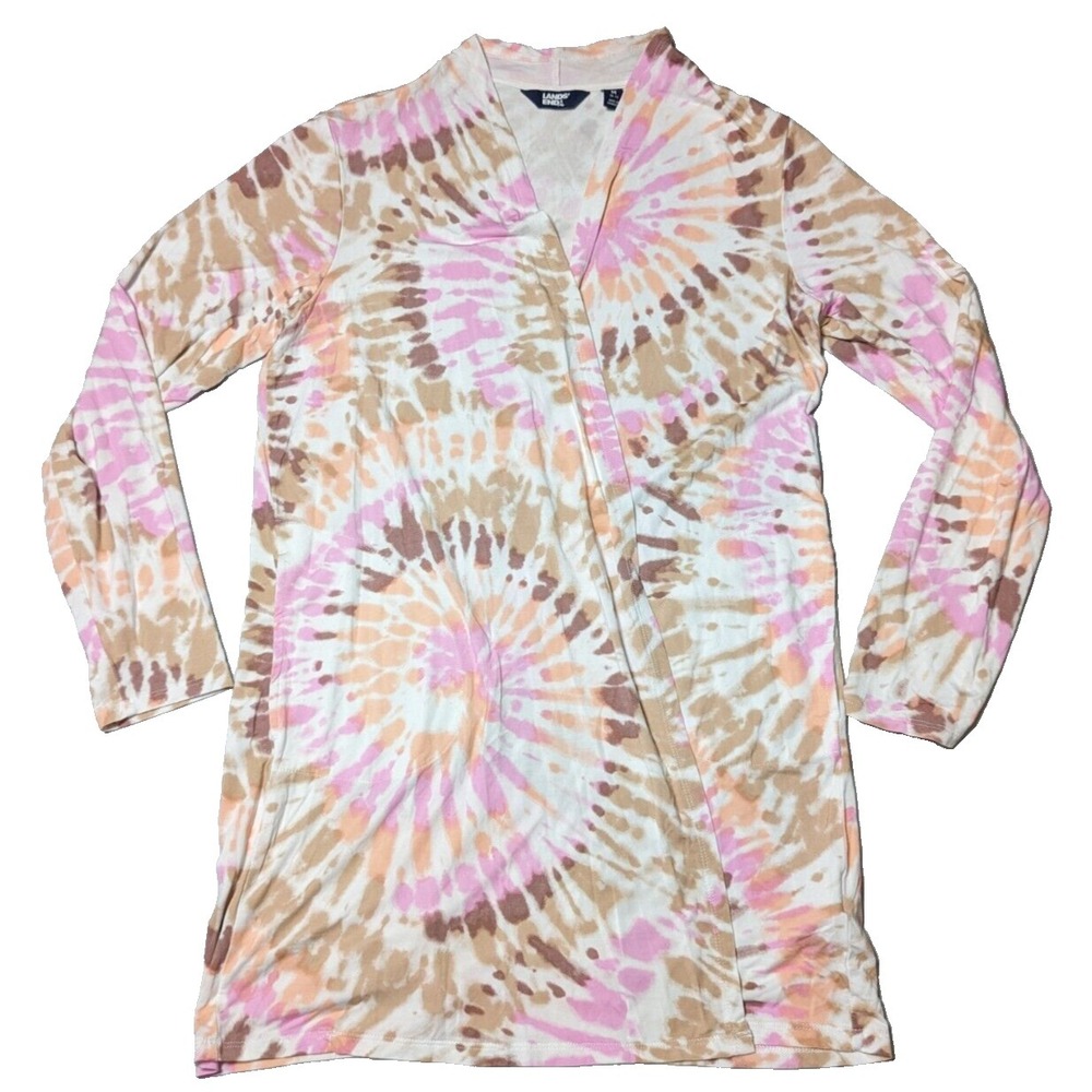 LANDS' END Women Medium (10-12) Rayon Stretch Open Front Brown Tie Dye Cardigan